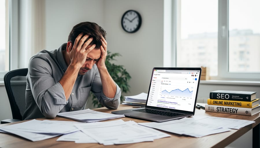 Business owner looking frustrated while reviewing website analytics on laptop