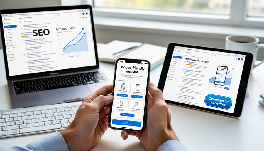 Smartphone and tablet displaying responsive website design on modern desk