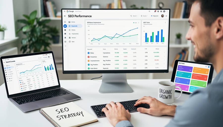 Professional working on laptop with analytics dashboard in modern office workspace