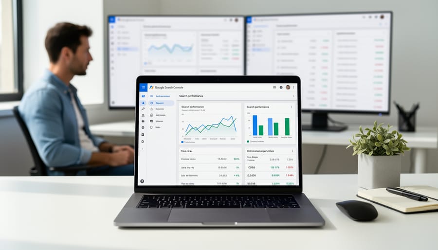 Magnifying glass examining website performance analytics and search data report