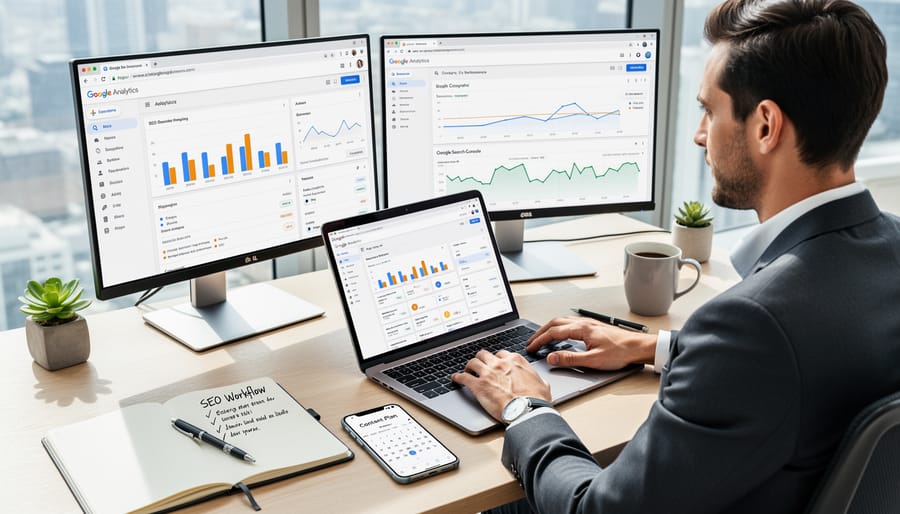 Small business owner planning SEO strategy with laptop and notepad in office