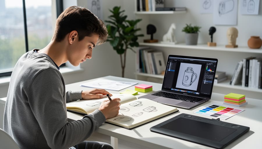 A beginner designer sketching with a stylus and sketchbook while using a laptop at a desk