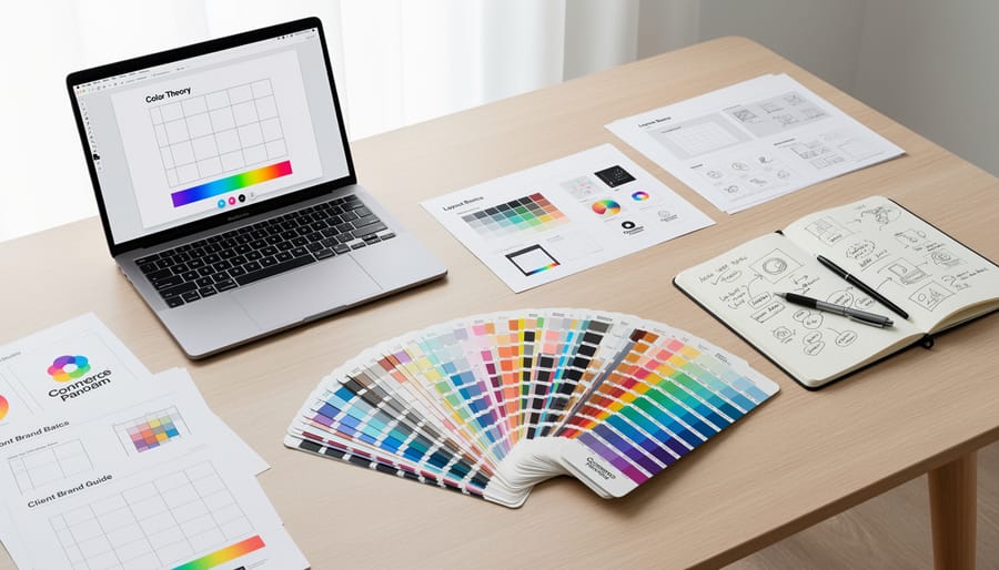 Color swatches, shape samples, and design reference books arranged on a clean desk for graphic design practice
