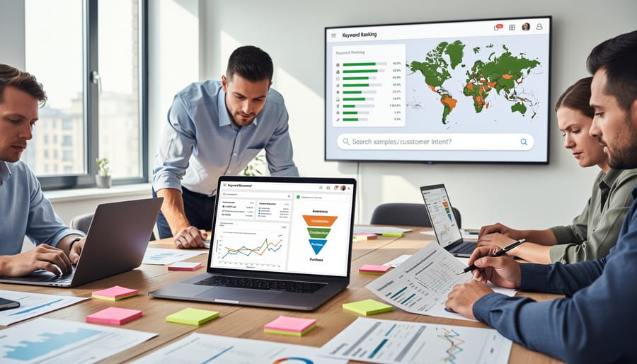 Magnifying glass over a laptop setup on a desk, suggesting search and research in SEO marketing.