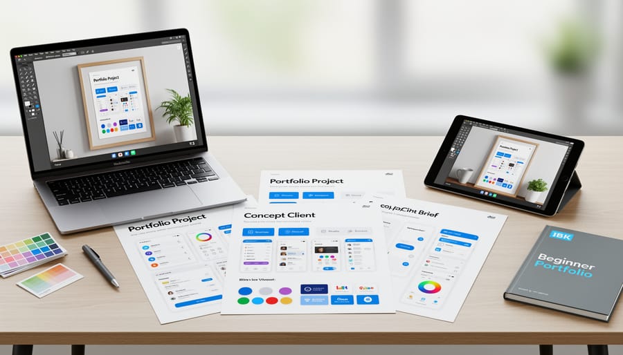 Printed mockup posters and a portfolio organizer beside a laptop on a tidy desk