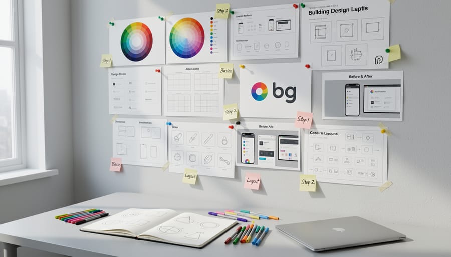Wall of pinned design reference materials with color swatches and visual inspiration shapes