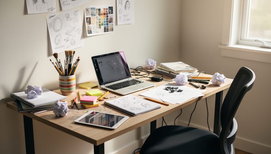 Young adult graphic design beginner working at a desk with a blank sketchbook and drawing tablet